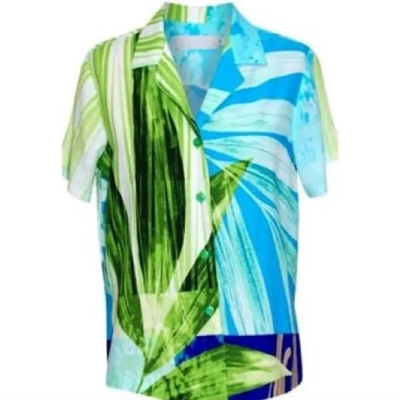 Jams World Blue & Green Tropical Print Short-Sleeve Button-Down - Picture 1 of 7